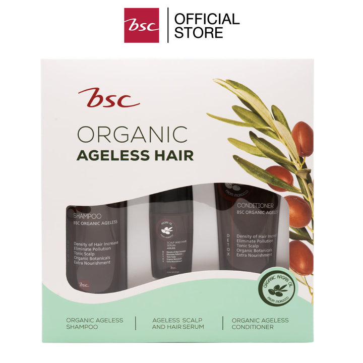 BSC ORGANIC AGELESS HAIR SET บีเอสซี ออแกนิค เอจเลส แฮร์ เซ็ท ชุดเซ็ตทำความสะอาดและบำรุงหนังศรีษะและเส้นผม สูตรออแกนิค ประกอบด้วย แชมพู ครีมนวด และ เซรั่ม BSC Cosmetology