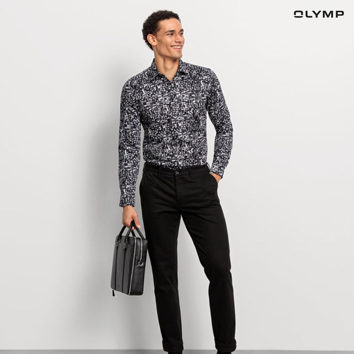 OLYMP No. Six Shirt เสื้อเชิ้ตผู้ชายแขนยาว  สีดำพิมพ์ลาย กราฟิก ทรงเข้ารูป ยืดหยุ่นได้ดี รีดง่าย  AUTU24 