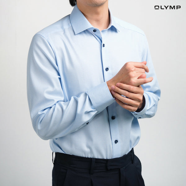 OLYMP  LUXOR Shirt เสื้อเชิ้ตผู้ชายแขนยาว สีฟ้า ลายมินิเช็ค ใส่สบาย รีดง่าย AUTU24 