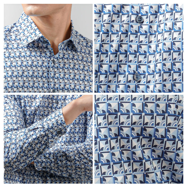 OLYMP  Level Five Shirt เสื้อเชิ้ตชาย สีฟ้า พิมพ์ลายกราฟิก ทรงพอดีตัว ยืดหยุ่นได้ดี รีดง่าย AUTU23 