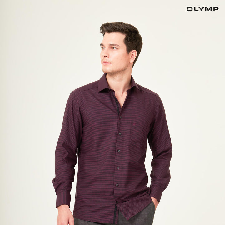 OLYMP  LUXOR Shirt เสื้อเชิ้ตชาย สีดำ-แดงเลือดหมู ลายชิโนริ ทรงหลวม ใส่สบาย รีดง่าย AUTU22 