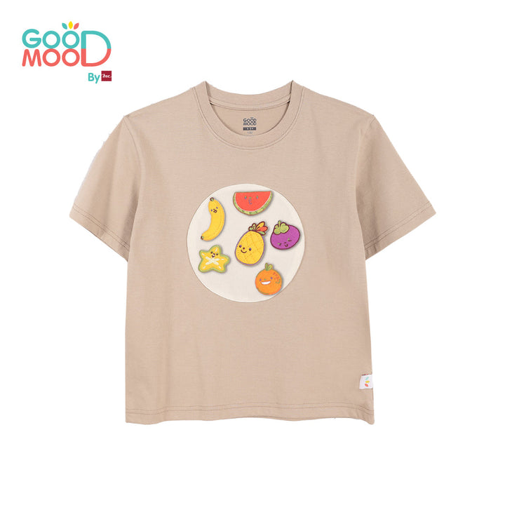 Good Mood by bsc เสื้อยืดคอกลม แขนสั้น สีเบจ + PATCHES ลายผลไม้ 6 ชิ้น สำหรับเด็กอายุ 2-9 ปี ผ้าคอตตอน ICCSHOPPING
