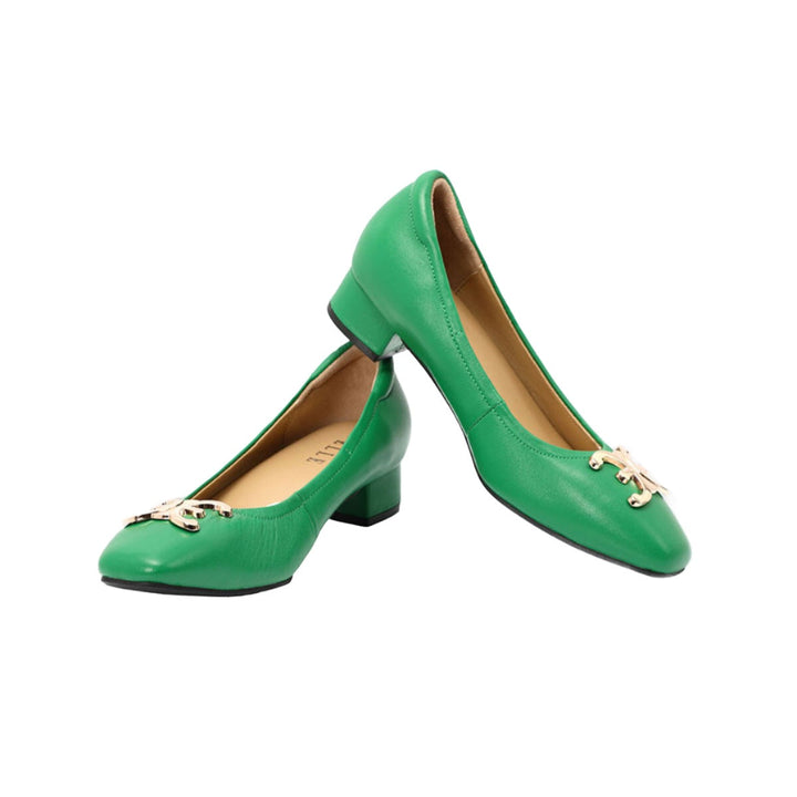 ELLE SHOES รองเท้าหนังแกะ ทรงส้นเหลี่ยม LAMB SKIN COMFY COLLECTION รุ่น Block heel สีเขียว ELB003 Elle