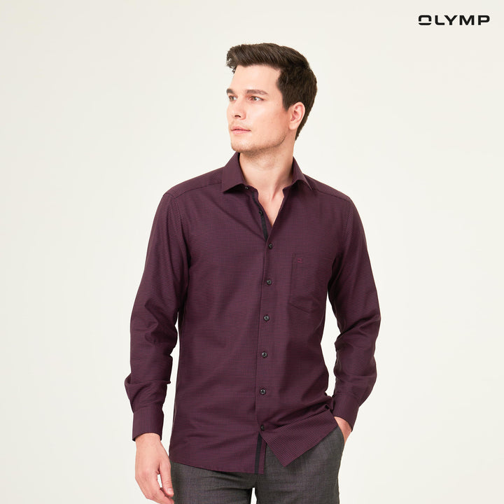 OLYMP  LUXOR Shirt เสื้อเชิ้ตชาย สีดำ-แดงเลือดหมู ลายชิโนริ ทรงหลวม ใส่สบาย รีดง่าย AUTU22 