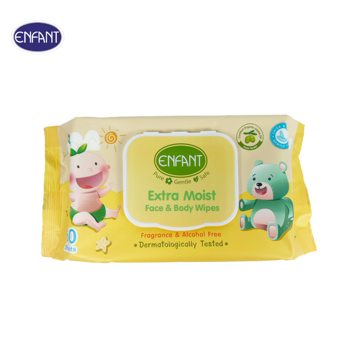 ENFANT (อองฟองต์) Extra Moist Face & Body Wipes ผ้าเช็ดทำความสะอาดแบบเปียก สูตร Organic Jojoba Oil 1แพ็ค/3ห่อ 60แผ่น/ห่อ ICCSHOPPING