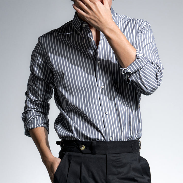 era-won เสื้อเชิ้ต Dress Shirt Striped สี Grey eifel (White Grey) 