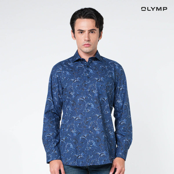 OLYMP  LUXOR Shirt เสื้อเชิ้ตชาย สีกรมท่า ลายพิมพ์ paisley  ทรงหลวม  รีดง่าย SUMM24 