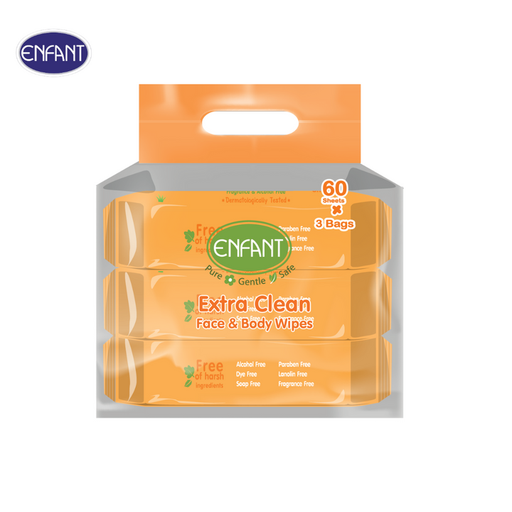 ENFANT (อองฟองต์) Extra Clean Face & Body Wipes ผ้าเช็ดทำความสะอาดแบบเปียก สูตร Orange Peel Oil 1แพ็ค/3ห่อ 60แผ่น/ห่อ ICCSHOPPING