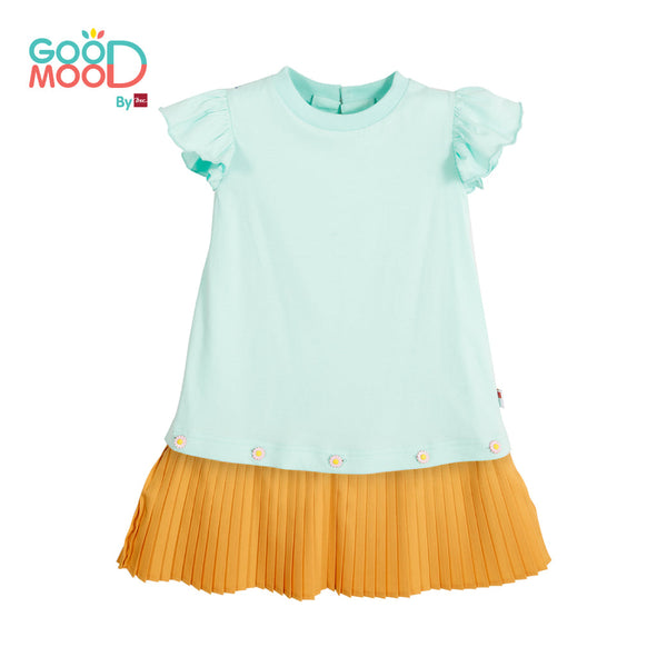 Good Mood by bsc เสื้อยืดแขนระบาย สีเขียวมิ้นต์+ชายกระโปรงอัดพลีท สีเหลือง สำหรับเด็กอายุ 2-9 ปี ผ้าคอตตอน ICCSHOPPING