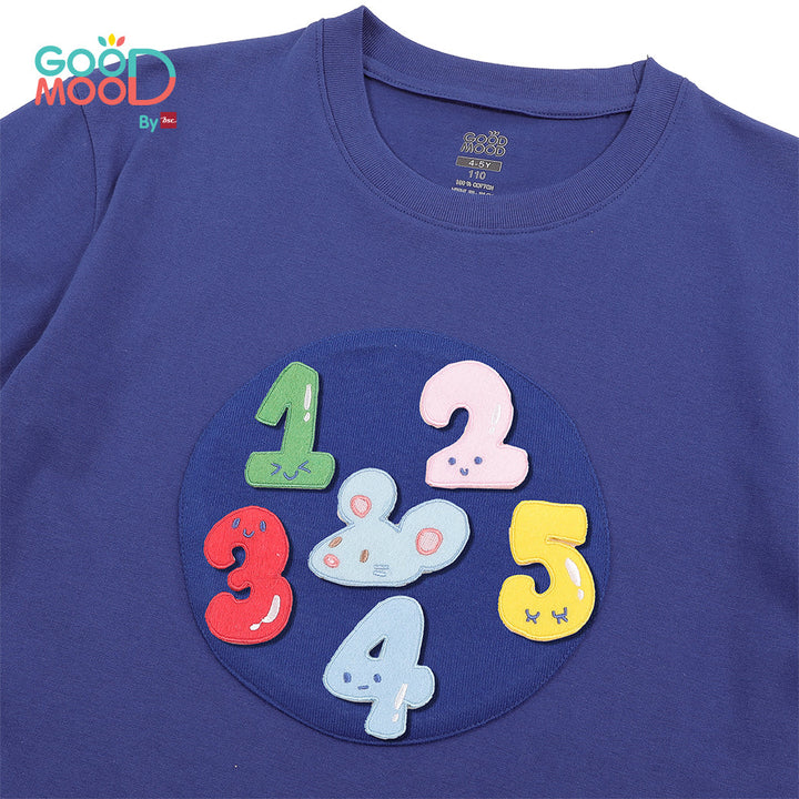 Good Mood by bsc เสื้อยืดคอกลม แขนสั้น สีน้ำเงิน + PATCHES ลายตัวเลข 6 ชิ้น สำหรับเด็กอายุ 2-9 ปี ผ้าคอตตอน ICCSHOPPING