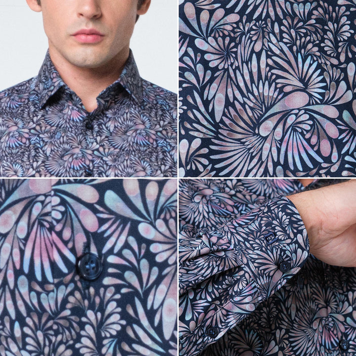 "OLYMP  Level Five Shirt เสื้อเชิ้ตชาย ผ้าเรียบลายพิมพ์กราฟิก สีกรมท่าเข้ม  ทรงพอดีตัว ยืดหยุ่นได้ดี รีดง่าย SUMM24 