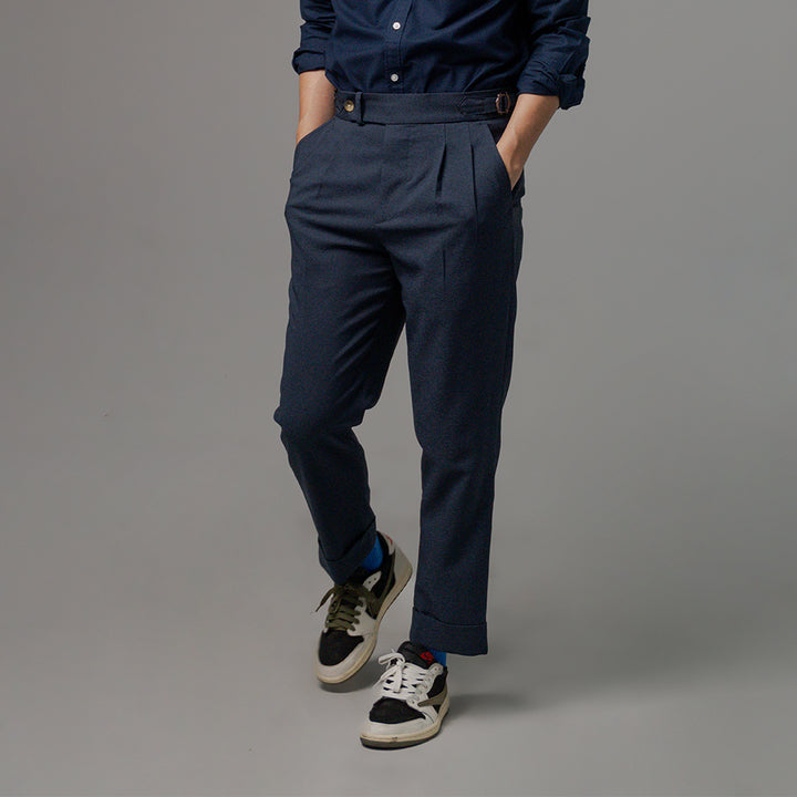 era-won กางเกงขายาว รุ่น Double Belts Trousers V2 ทรง Skinny Crop เอวสูง สี Navy (กรม) ผ้าใหม่ 