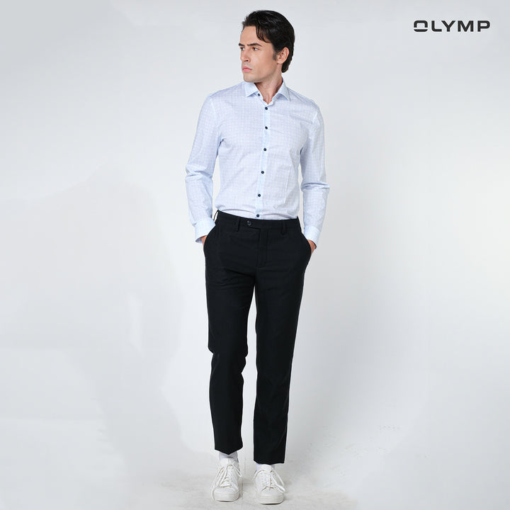 OLYMP  No. Six Shirt เสื้อเชิ้ตผ้าเรียบพิมพ์ลายเรโทรสีฟ้าอ่อน มีความยืดหยุ่น   ทรงเข้ารูป ยืดหยุ่นได้ดี รีดง่าย SUMM24 