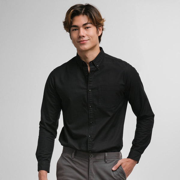 era-won เสื้อเชิ้ต คอปก แขนยาว Oxford Shirt Signature  สี Black (กระดุมสีดำ) ICCSHOPPING
