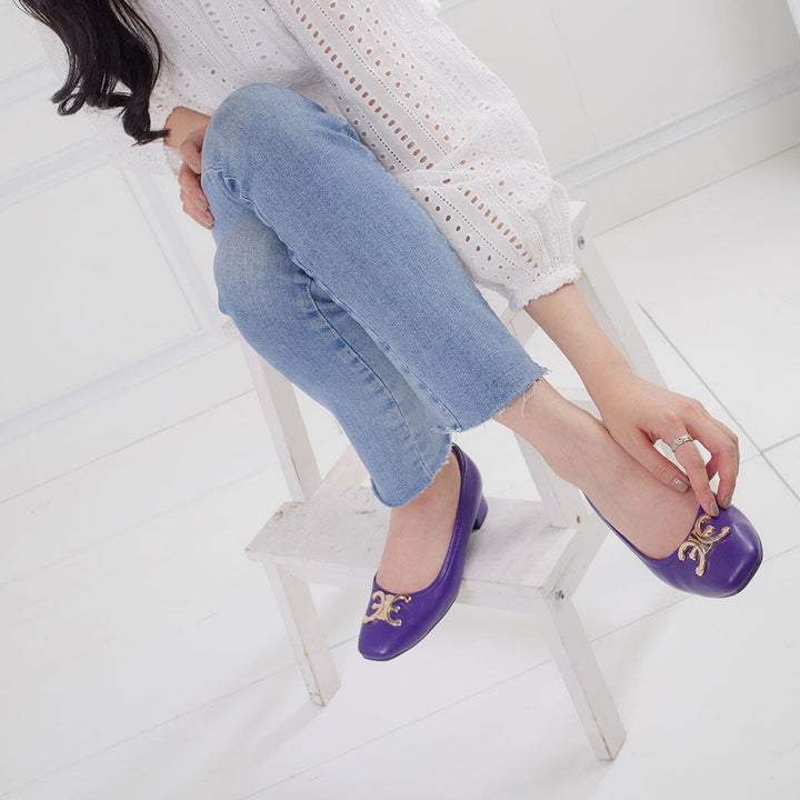 ELLE SHOES รองเท้าหนังแกะ ทรงส้นเหลี่ยม LAMB SKIN COMFY COLLECTION รุ่น Block heel สีม่วง ELB003 Elle