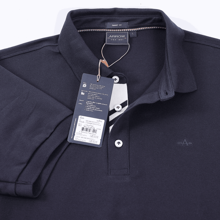 ARROW POLO เสื้อโปโลสีพื้น แขนสั้น ไม่มีกระเป๋า ทรง SMART สีกรม MPCM872-NV ARROW