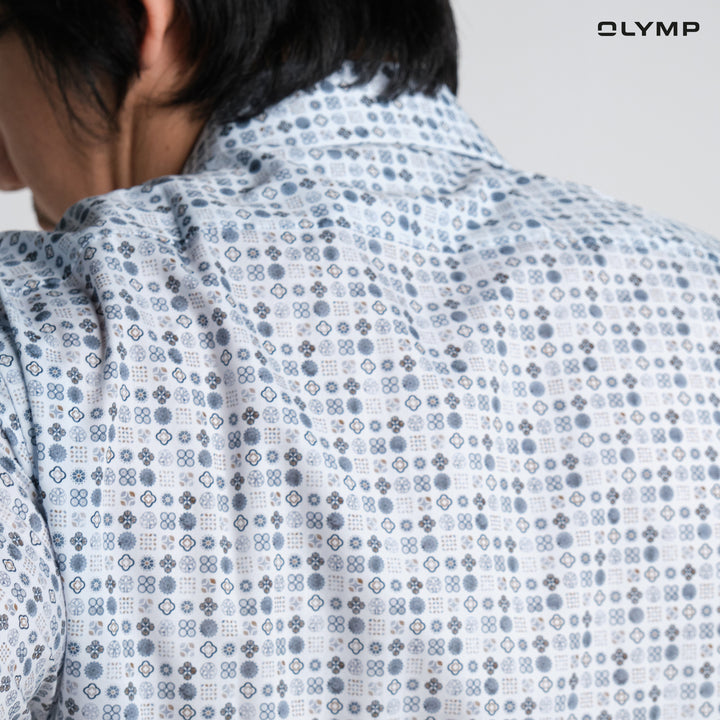 OLYMP  LUXOR Shirt เสื้อเชิ้ตผู้ชายแขนสั้น สีน้ำเงิน ผ้าเรียบ พิมพ์ลายกราฟิก ทรงหลวม ใส่สบาย รีดง่าย AUTU24 