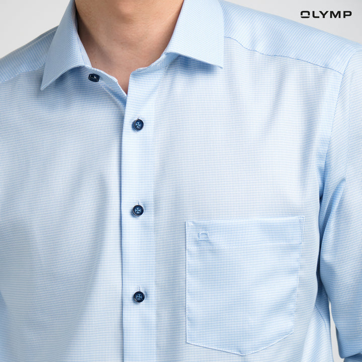 OLYMP  LUXOR Shirt เสื้อเชิ้ตผู้ชายแขนยาว สีฟ้า ลายมินิเช็ค ใส่สบาย รีดง่าย AUTU24 