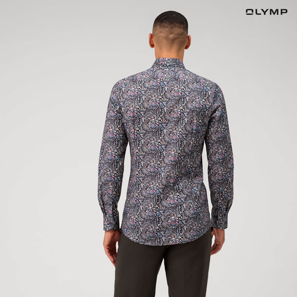 "OLYMP  Level Five Shirt เสื้อเชิ้ตชาย ผ้าเรียบลายพิมพ์กราฟิก สีกรมท่าเข้ม  ทรงพอดีตัว ยืดหยุ่นได้ดี รีดง่าย SUMM24 