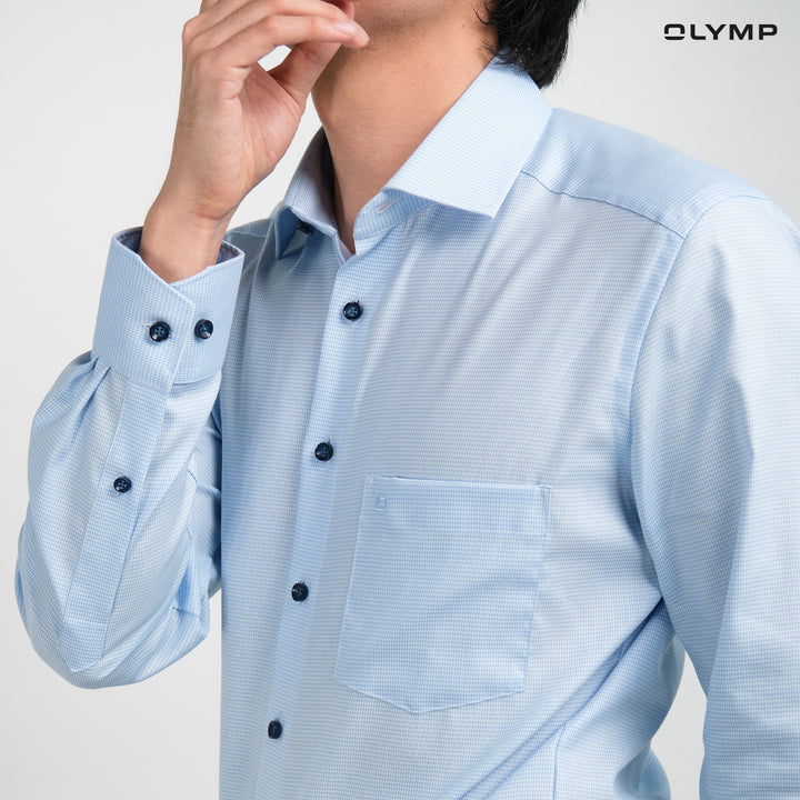 OLYMP  LUXOR Shirt เสื้อเชิ้ตผู้ชายแขนยาว สีฟ้า ลายมินิเช็ค ใส่สบาย รีดง่าย AUTU24 