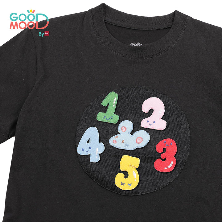 Good Mood by bsc เสื้อยืดคอกลม แขนสั้น สีดำ + PATCHES ลายตัวเลข 6 ชิ้น สำหรับเด็กอายุ 2-9 ปี ผ้าคอตตอน ICCSHOPPING