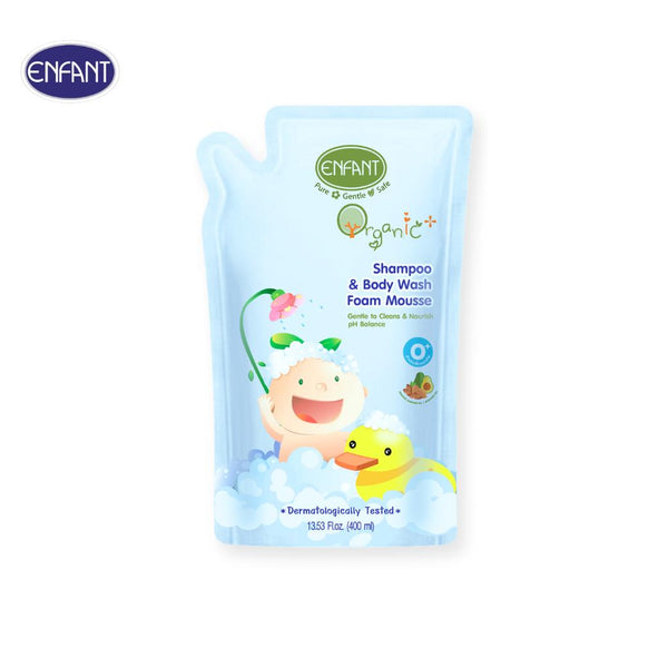 ENFANT (อองฟองต์) Organic Plus Shampoo & Body Wash Foam Mouse อาบน้ำสระผม มูสโฟม สูตร Double oil ใช้ได้ตั้งแต่เด็กแรกเกิด 400ml. เซ็ตสุดคุ้ม 1ถุงแถม1ถุง ICCSHOPPING