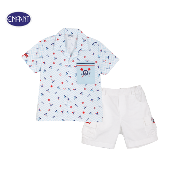 ENFANT (อองฟองต์) ชุดเสื้อเชิ้ต+กางเกงสามส่วน สำหรับเด็ก 6 เดือน - 8 ปี คอลเล็กชั่น Marine ผ้าคอตตอน 100% สีฟ้า 