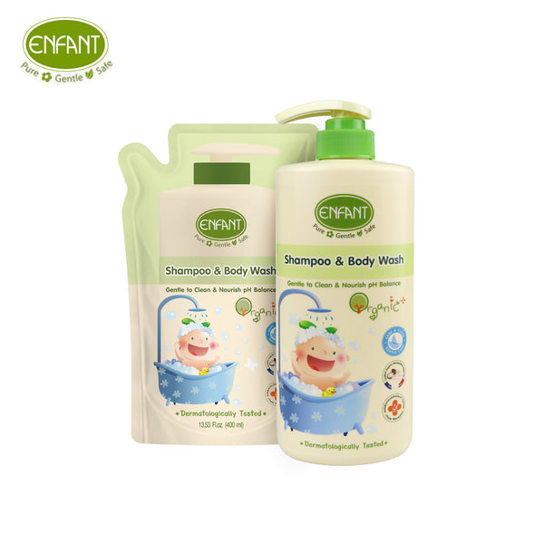 Enfant อองฟองต์ Organic Plus Shampoo & Body Wash แชมพูและอาบน้ำในขวดเดียว เนื้อเจล ใช้ได้ตั้งแต่เด็กแรกเกิด เซ็ตสุดคุ้ม ชนิดขวด+รีฟิลชนิดถุง