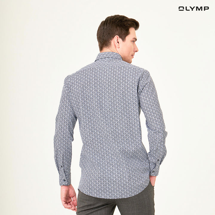OLYMP  24/Seven LUXOR Shirt เสื้อเชิ้ตชาย สีกรมท่า ลายกราฟิก ทรงหลวม ปรับอุณหภูมิ ใส่สบาย รีดง่าย  AUTU23 