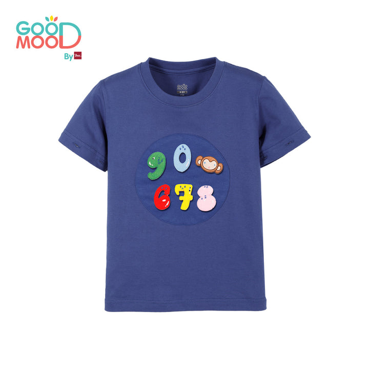 Good Mood by bsc เสื้อยืดคอกลมแขนยาวถอดแขน สีน้ำเงิน + PATCHES ลายตัวเลข 6 ชิ้น สำหรับเด็กอายุ 2-9 ปี ผ้าคอตตอน ICCSHOPPING