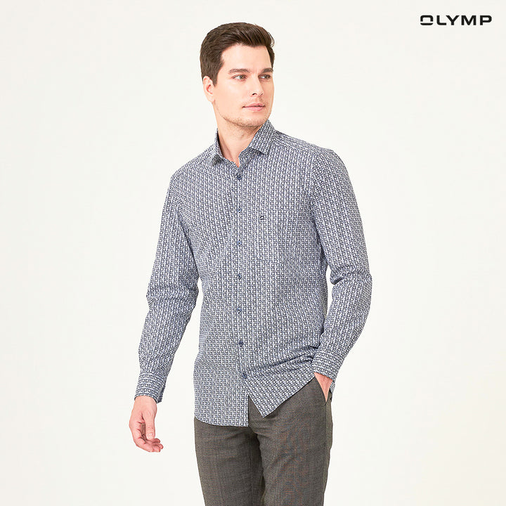 OLYMP  24/Seven LUXOR Shirt เสื้อเชิ้ตชาย สีกรมท่า ลายกราฟิก ทรงหลวม ปรับอุณหภูมิ ใส่สบาย รีดง่าย  AUTU23 