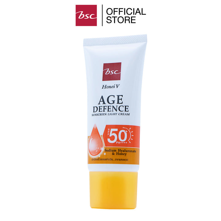 [ แพคคู่สุดคุ้ม ]HONEI V BSC AGE DEFENCE SUNSCREEN LIGHT CREAM SPF50+ PA++++ 30 กรัม 3 แพค ครีมกันแดด ผสมน้ำผึ้ง&ไฮยา กันแดดได้...กันแก่ด้วย ครีมกันแดด SPF 50+ PA++++   ช่วยปกป้อง 