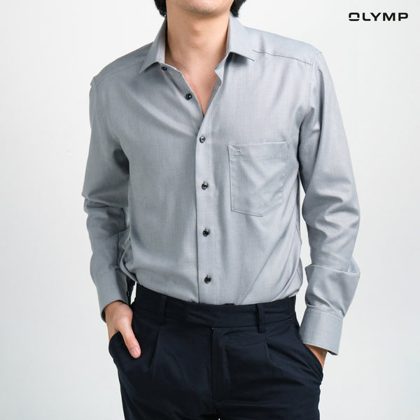 OLYMP  LUXOR Shirt เสื้อเชิ้ตผู้ชายแขนยาว สีเทา ผ้าเท็กเจอร์ ใส่สบาย รีดง่าย AUTU24 