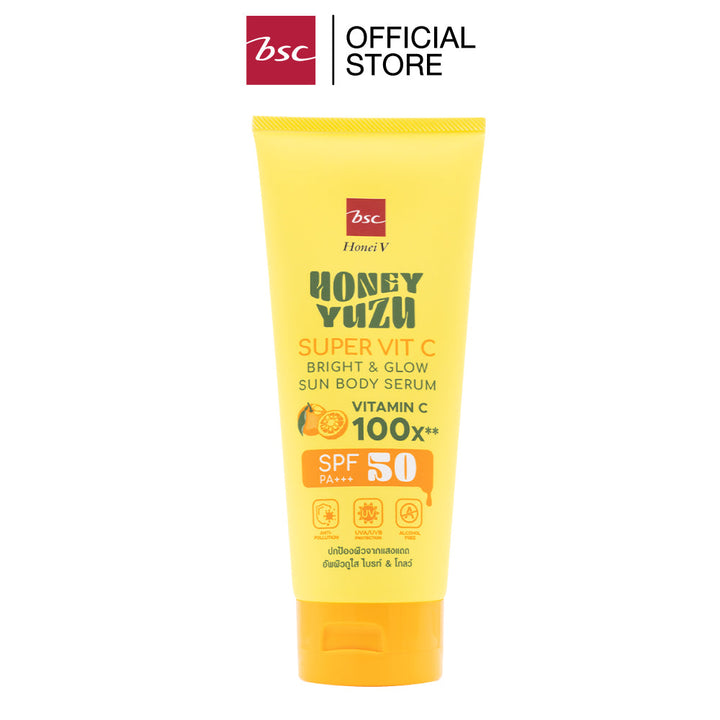 HONEI V BSC HONEY YUZU SUPER VIT C BRIGHT&GLOW SUN BODY SERUM SPF50 PA+++  ฮันนี่ วี บีเอสซี ฮันนี่ ยูซุ ซูเปอร์ วิตซี ไบรท์ แอนด์ โกลว์ ซัน บอดี้ เซรั่ม เอสพีเอฟ 50 พีเอ+++ เซรั่มกันแดดสำหรับผิวกาย ปกป้องพร้อมบำรุงอัพผิวไบรท์ใน 7วัน ICCSHOPPING