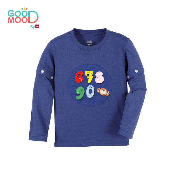 Good Mood by bsc เสื้อยืดคอกลมแขนยาวถอดแขน สีน้ำเงิน + PATCHES ลายตัวเลข 6 ชิ้น สำหรับเด็กอายุ 2-9 ปี ผ้าคอตตอน ICCSHOPPING