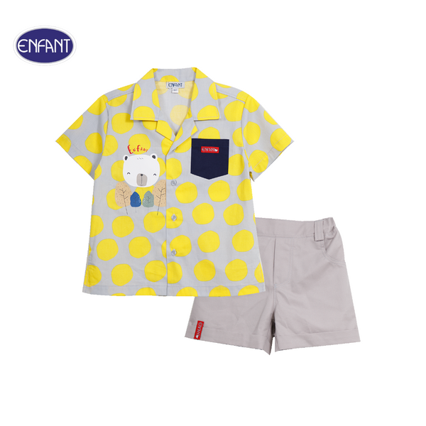 ENFANT (อองฟองต์) เสื้อแขนสั้น+กางเกงขาสั้น สำหรับเด็ก 6 เดือน - 8 ปี คอลเล็กชั่น Happy Polka Dots สีเทาจุดเหลือง 