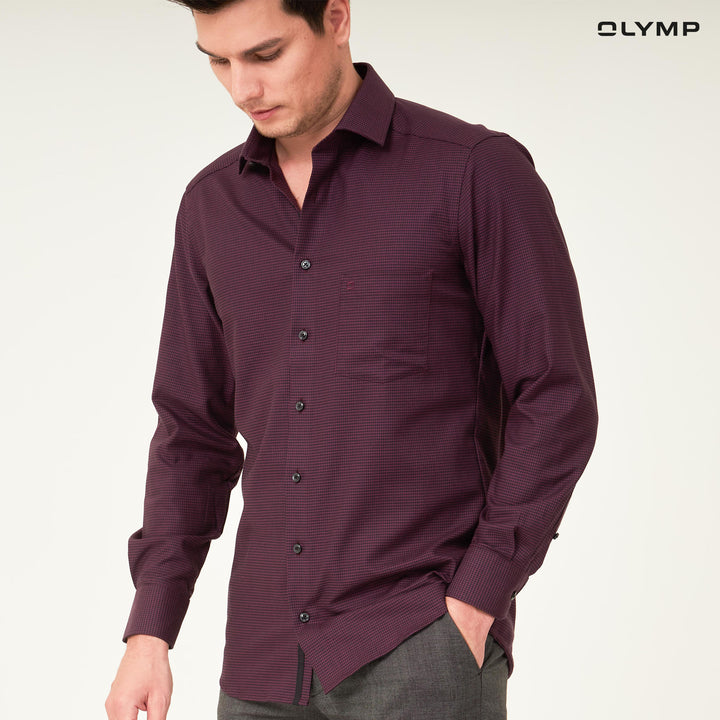 OLYMP  LUXOR Shirt เสื้อเชิ้ตชาย สีดำ-แดงเลือดหมู ลายชิโนริ ทรงหลวม ใส่สบาย รีดง่าย AUTU22 