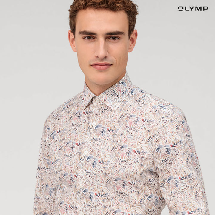 OLYMP  Level Five Shirt เสื้อเชิ้ตชาย ผ้าเรียบลายพิมพ์กราฟิก สีเบจ  ทรงพอดีตัว ยืดหยุ่นได้ดี รีดง่าย SUMM24 