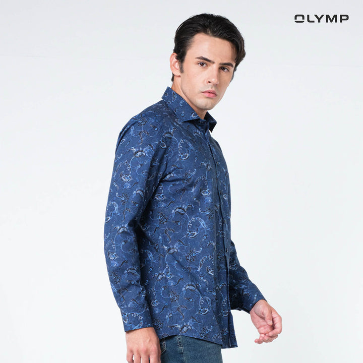 OLYMP  LUXOR Shirt เสื้อเชิ้ตชาย สีกรมท่า ลายพิมพ์ paisley  ทรงหลวม  รีดง่าย SUMM24 