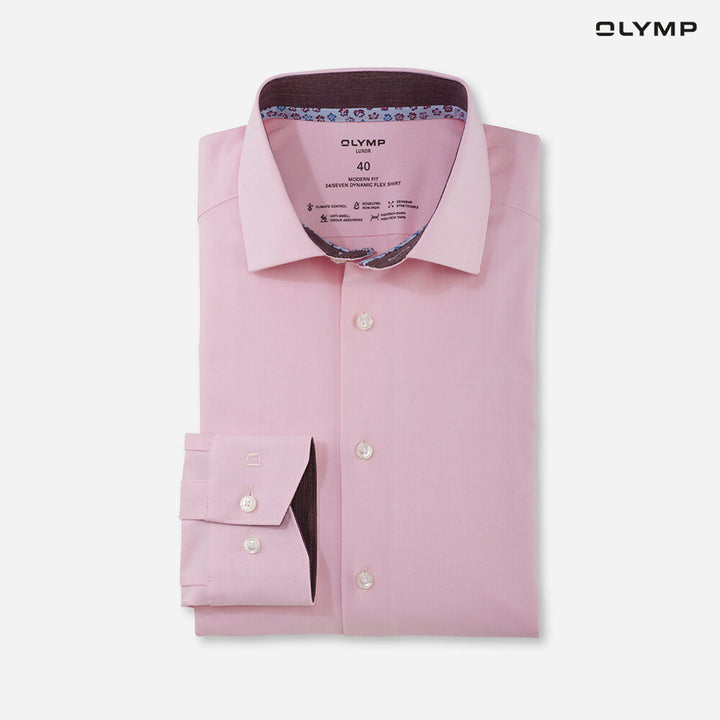 OLYMP  24/Seven LUXOR Shirt เสื้อเชิ้ตปรับอุณหภูมิ  สีชมพู ผ้าเท็กเจอร์แต่งปก ทรงหลวม ยืดหยุ่นได้ดี  ควบคุมกลิ่น เบาเหมือนสวมใส่ชุดกีฬา SUMM24 