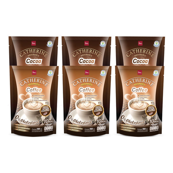 CATHERINE แคทเธอรีน กาแฟและโกโก้สูตรไม่เติมน้ำตาล ไม่มีคอเลสเตอรอล 6 แพ็คสุดคุ้ม (คละรสชาติ กาแฟ 3 แพ็ค+โกโก้ 3 แพ็ค) Catherine