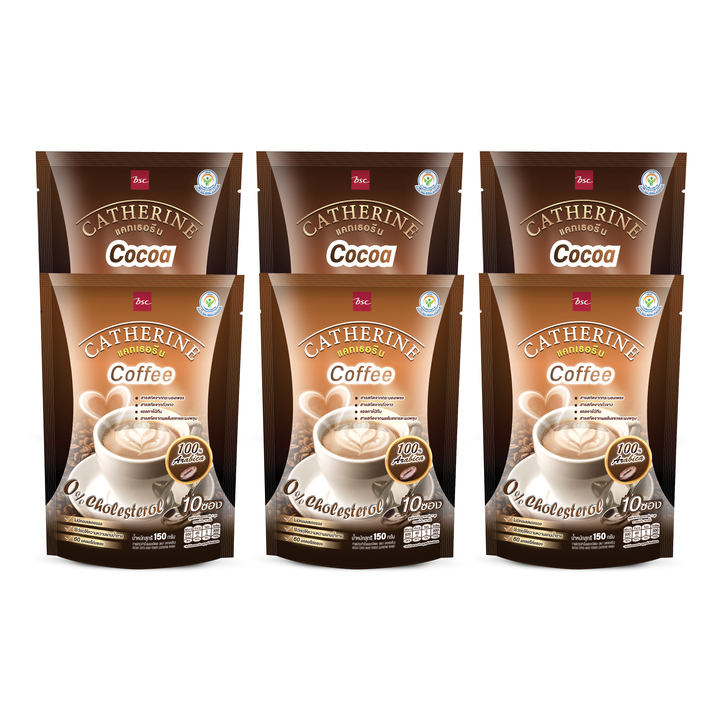 CATHERINE แคทเธอรีน กาแฟและโกโก้สูตรไม่เติมน้ำตาล ไม่มีคอเลสเตอรอล 6 แพ็คสุดคุ้ม (คละรสชาติ กาแฟ 3 แพ็ค+โกโก้ 3 แพ็ค) Catherine