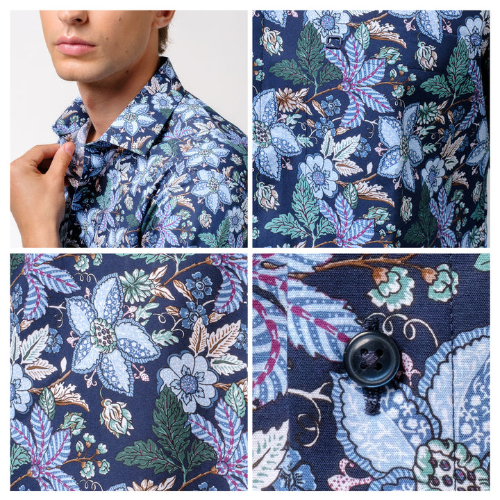 OLYMP LUXOR Shirt เสื้อเชิ้ตพิมพ์ลายดอกไม้ สีกรมท่า ทรงหลวม ใส่สบาย รีดง่าย 