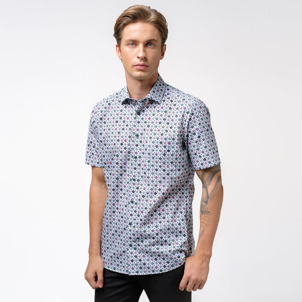 OLYMP LUXOR Shirt เสื้อเชิ้ตสีเขียว พิมพ์ลาย ใส่สบาย รีดง่าย 