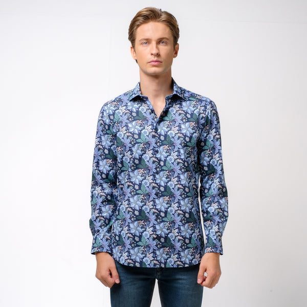 OLYMP LUXOR Shirt เสื้อเชิ้ตพิมพ์ลายดอกไม้ สีกรมท่า ทรงหลวม ใส่สบาย รีดง่าย 
