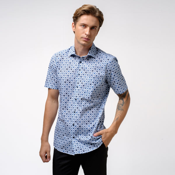 OLYMP LUXOR Shirt เสื้อเชิ้ตสีน้ำเงิน พิมพ์ลาย ใส่สบาย รีดง่าย 