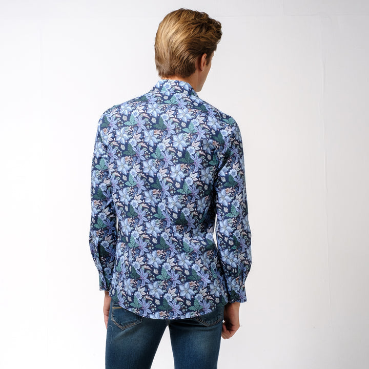 OLYMP LUXOR Shirt เสื้อเชิ้ตพิมพ์ลายดอกไม้ สีกรมท่า ทรงหลวม ใส่สบาย รีดง่าย 