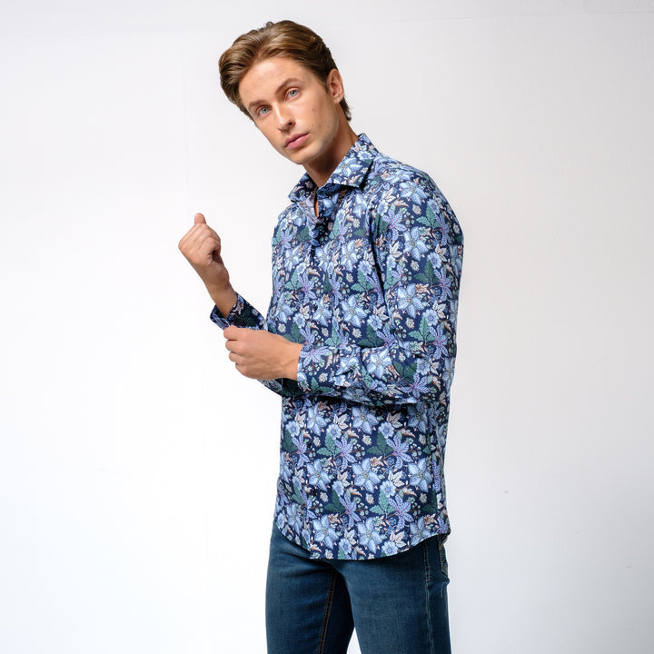 OLYMP LUXOR Shirt เสื้อเชิ้ตพิมพ์ลายดอกไม้ สีกรมท่า ทรงหลวม ใส่สบาย รีดง่าย 