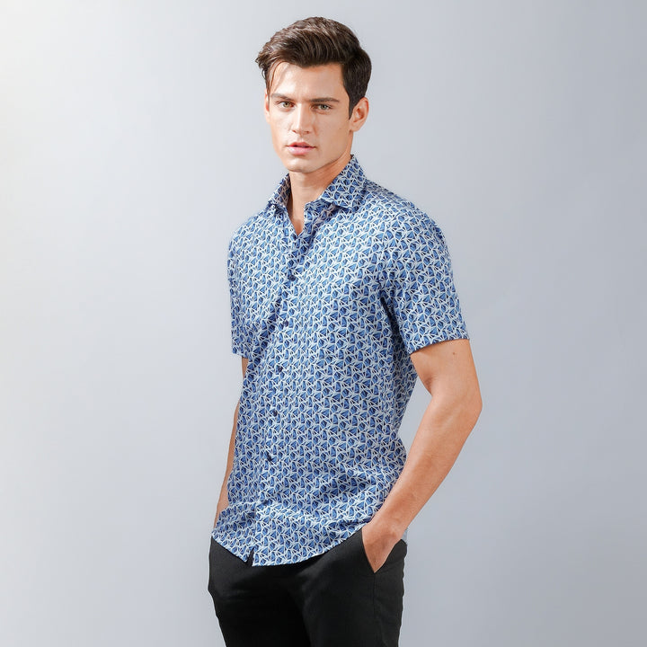 OLYMP LUXOR Shirt เสื้อเชิ้ต พิมพ์ลายกราฟิกสีน้ำเงิน ใส่สบาย รีดง่าย 