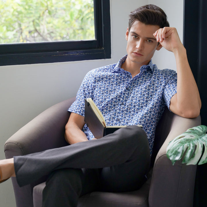 OLYMP LUXOR Shirt เสื้อเชิ้ต พิมพ์ลายกราฟิกสีน้ำเงิน ใส่สบาย รีดง่าย 